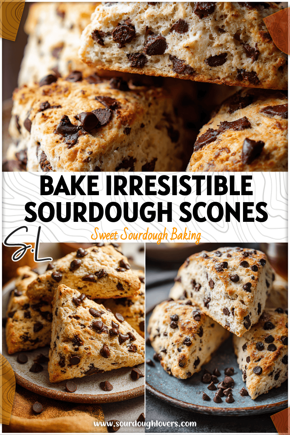 Golden sourdough chocolate chip scones on a rustic plate showing Yummy Sourdough Recipes style.
